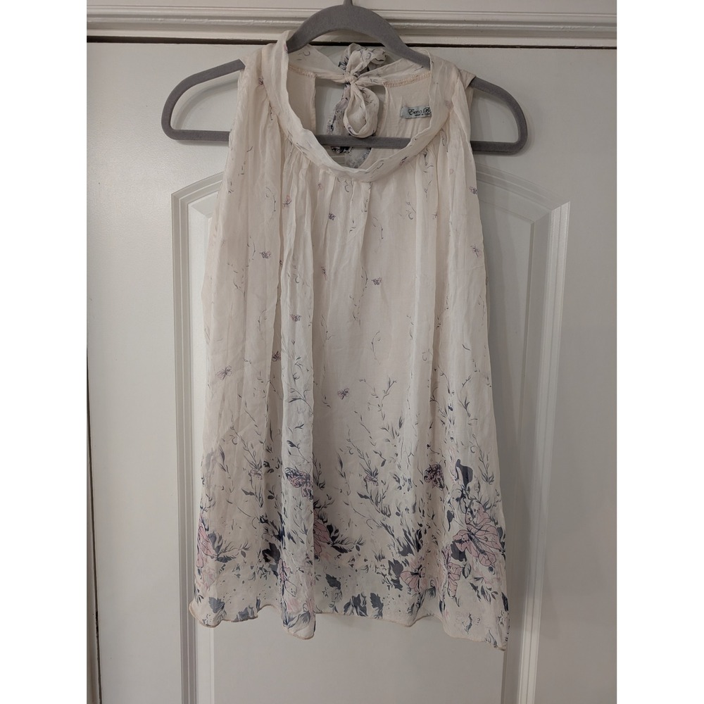 Elena Baldi Italy Silk Floral Butterfly Halter Tie Neck Blouse Top White large